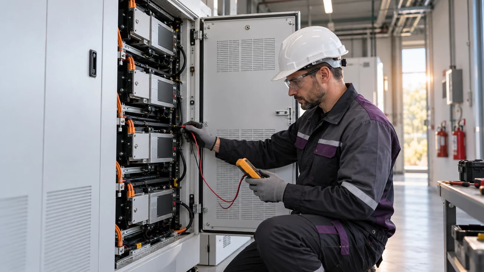Technik při pravidelné kontrole bateriového úložiště BESS